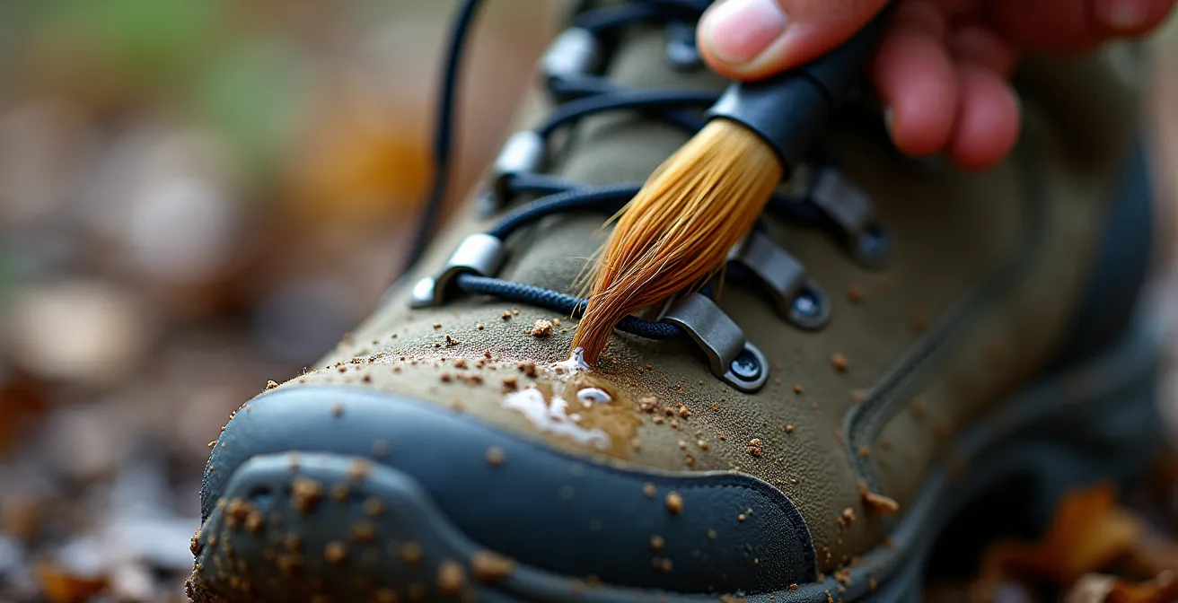 Extreme close-up of hiking boot sole being cleaned with specialized brush
