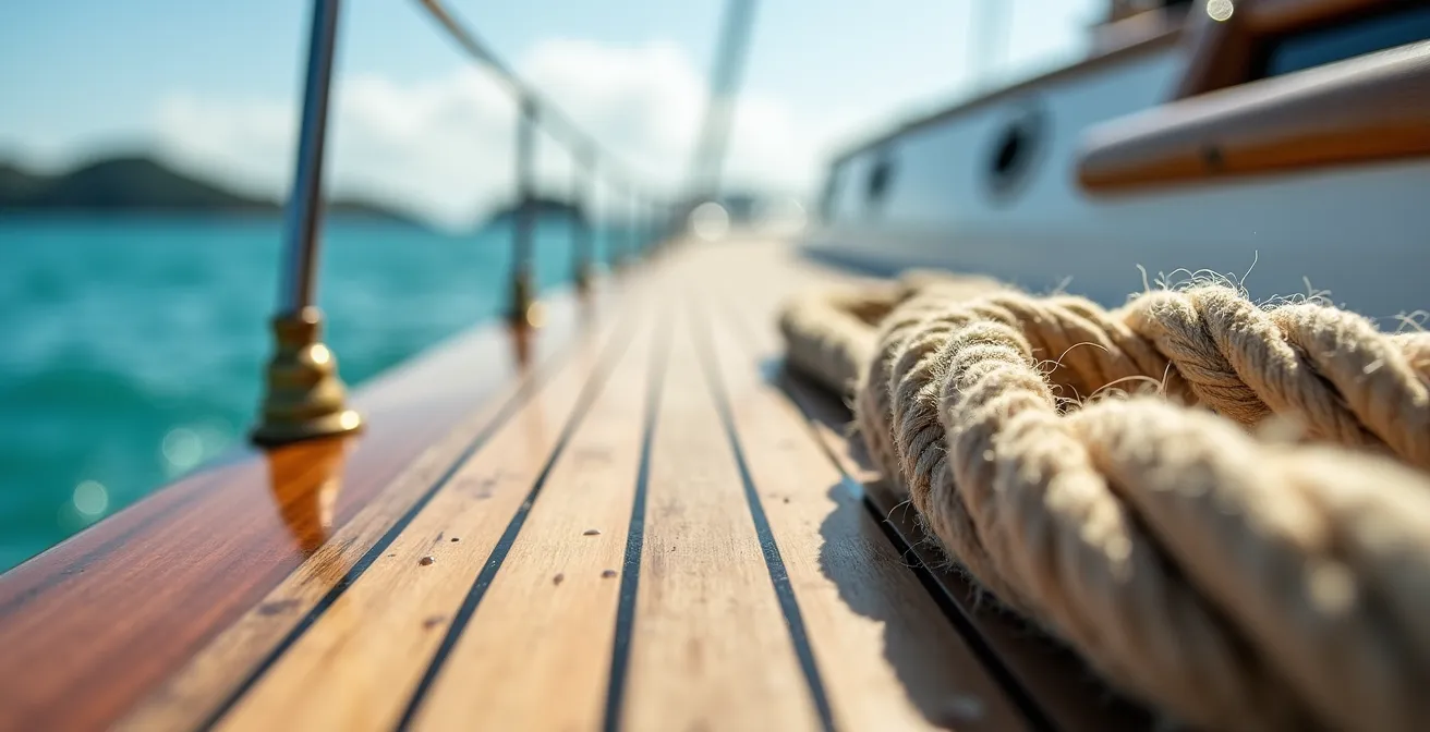 Close-up of a traditional Maldivian yacht's wooden deck, with the turquoise lagoon and multiple islands blurred in the background.