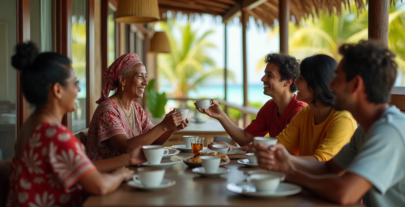 Warm interaction between local Maldivian guesthouse owner and tourists at traditional island home