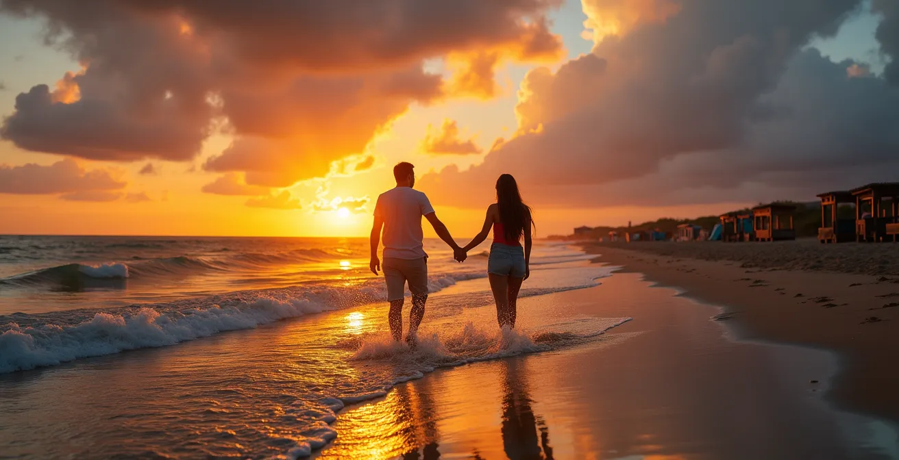 Sunset view of an empty Maldives beach during the shoulder season, with dramatic clouds and tranquil water.