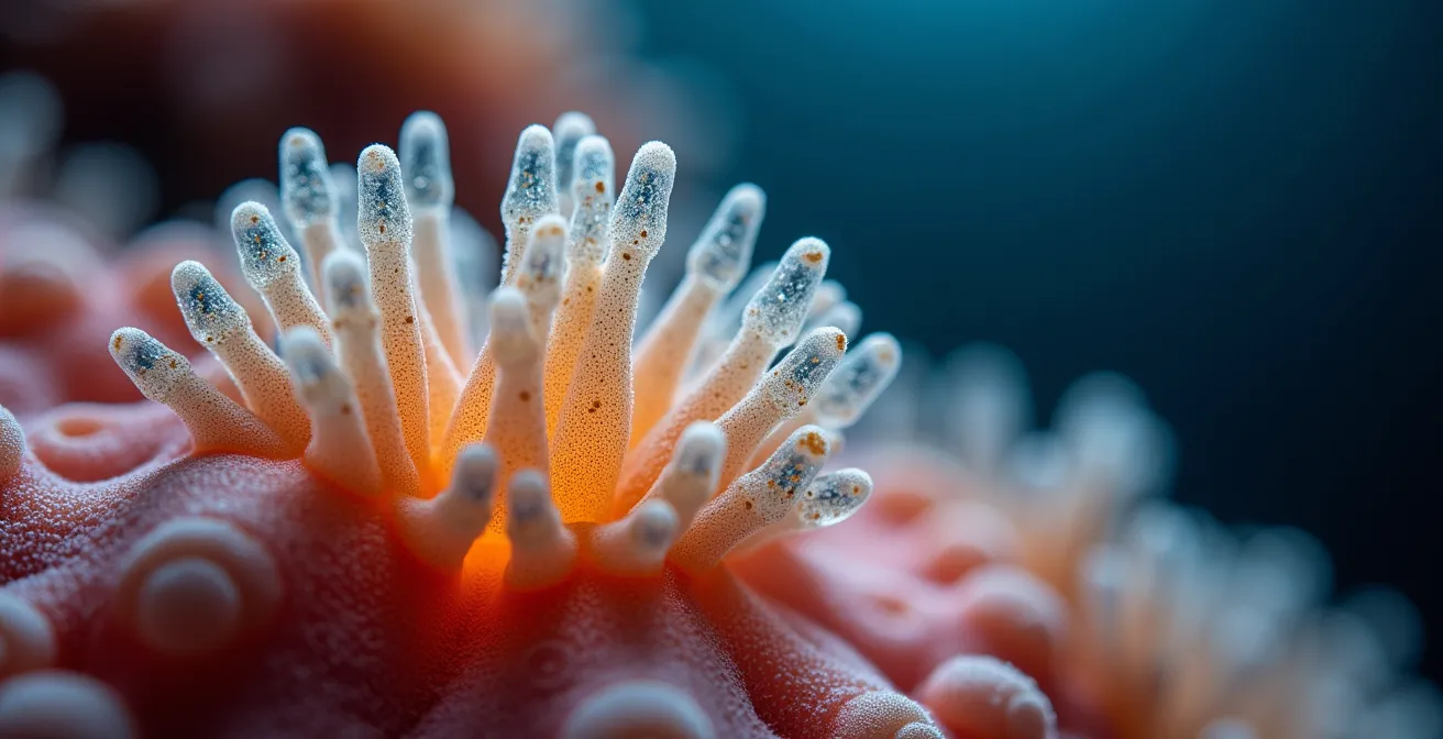 Extreme close-up of a coral polyp, showing its delicate tentacles retracting as a sign of chemical stress.