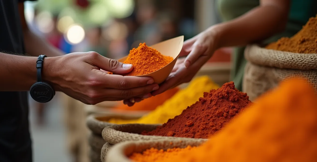 Traveler fully engaged in local market experience without digital devices