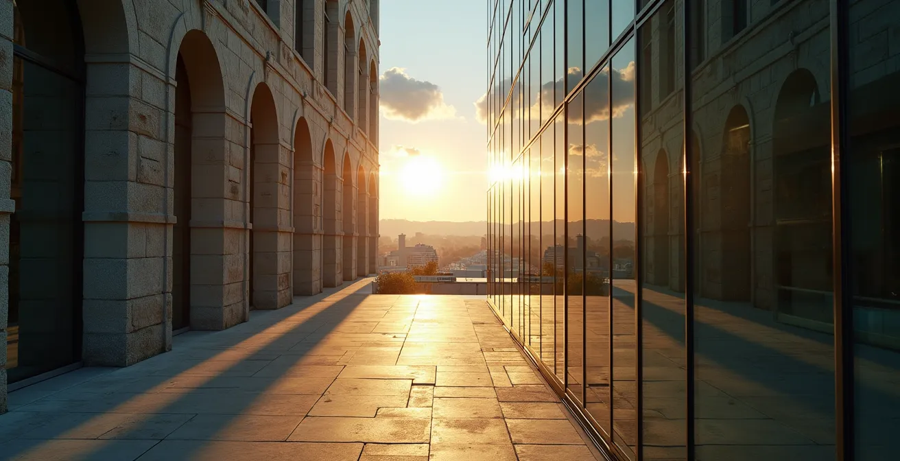 Contemporary glass structures reflecting historic stone buildings in urban setting