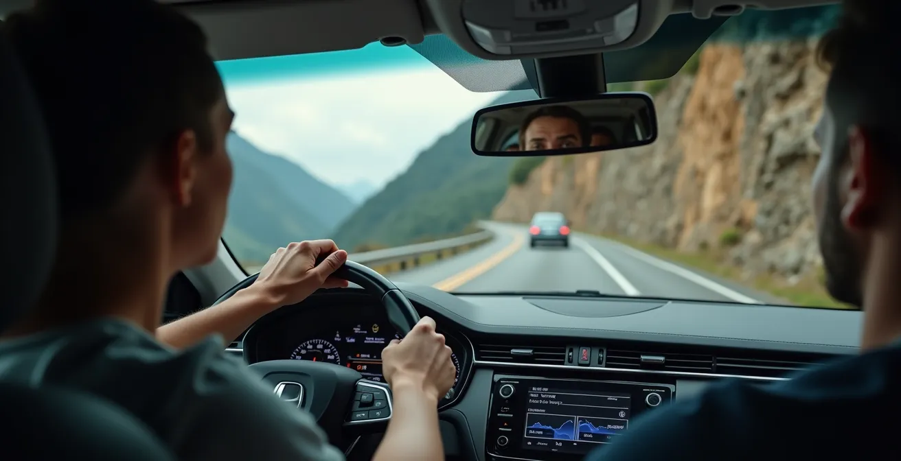 Two vehicles negotiating a narrow mountain road with one pulling over at a turnout