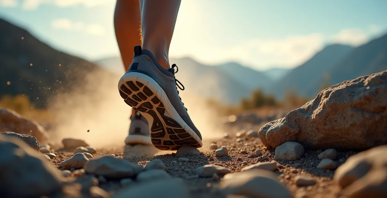 Trail runner navigating rocky mountain path with dramatic landscape vista