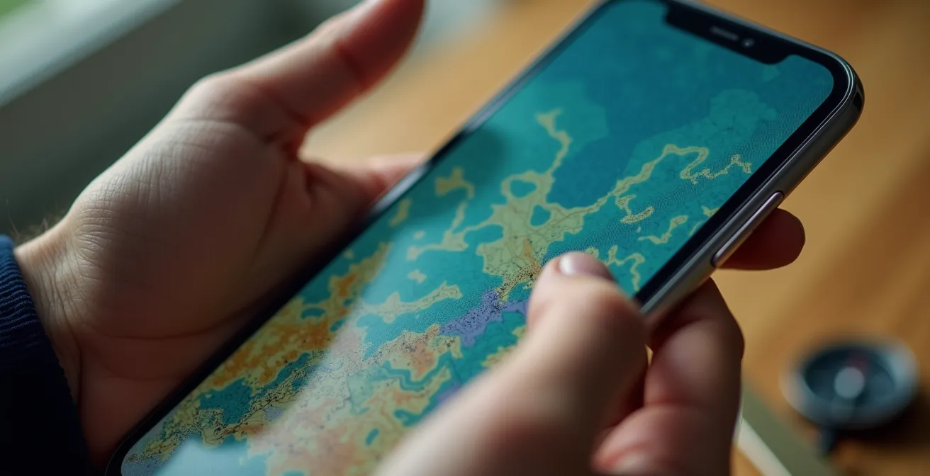 Hands holding smartphone showing map download regions overlapping on screen