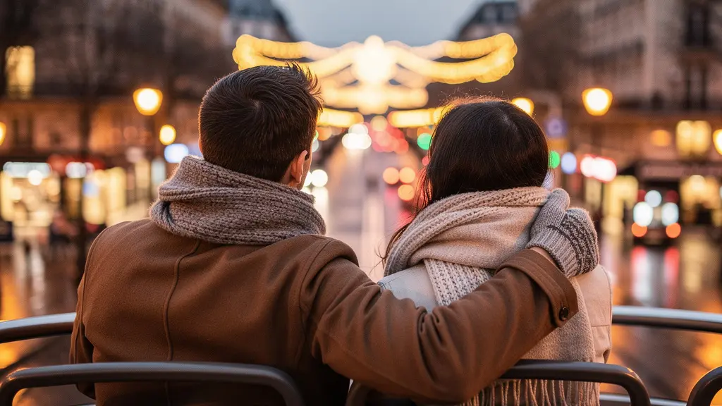 Tourists on open-top bus upper deck viewing Paris Christmas illuminations