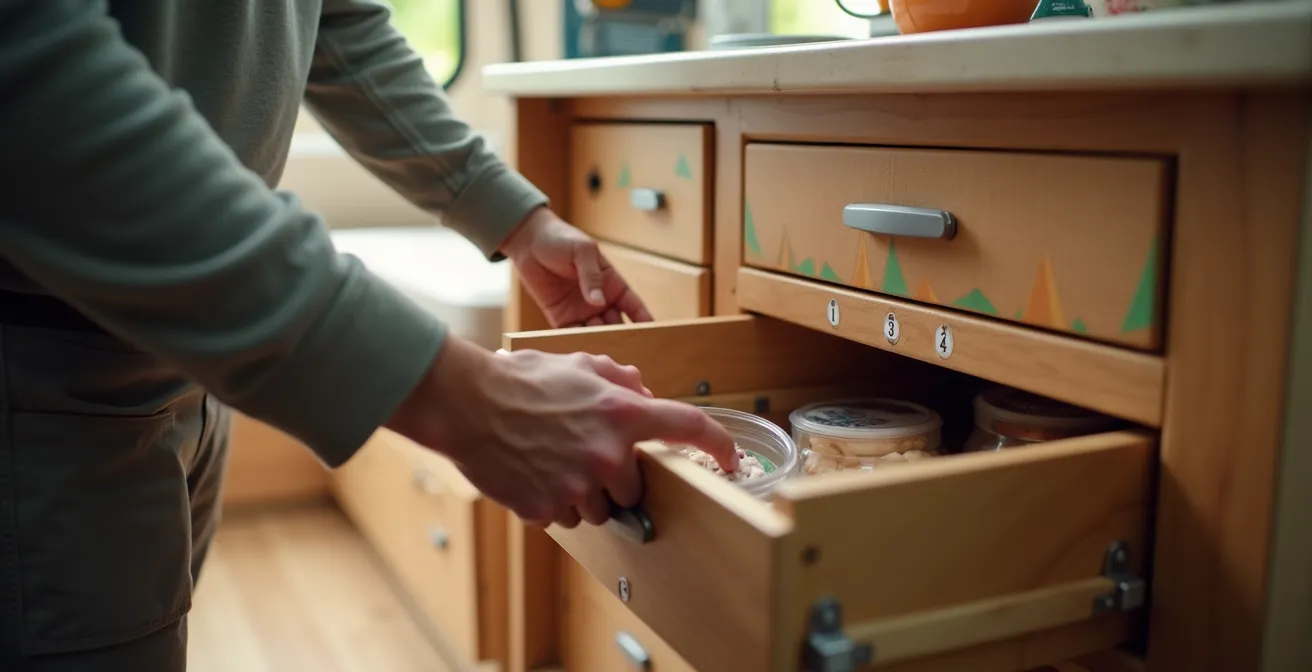 Interior view of an organized campervan with efficient storage solutions