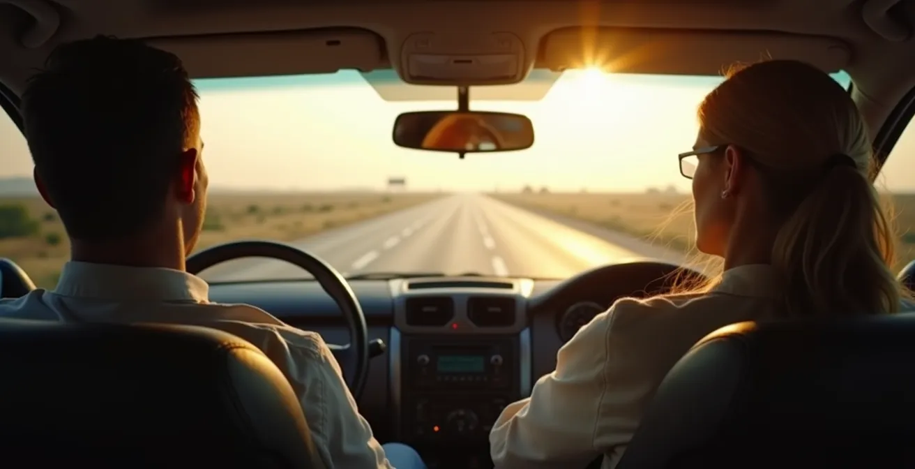 View from backseat showing driver and passenger in relaxed side-by-side conversation during highway drive