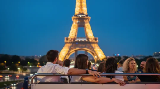 Open-top sightseeing bus passing illuminated Eiffel Tower at twilight in Paris