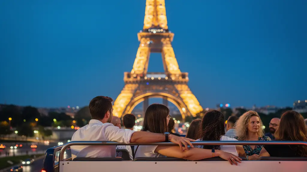 Open-top sightseeing bus passing illuminated Eiffel Tower at twilight in Paris