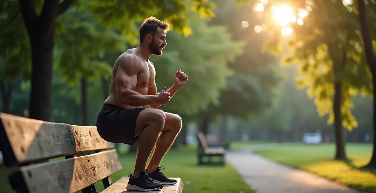 Athletic person performing Bulgarian split squats using a park bench in natural outdoor setting