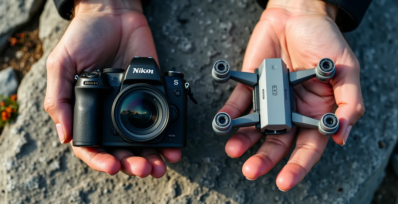 Photographer contemplating equipment choice with camera and drone laid out on rocky mountain surface