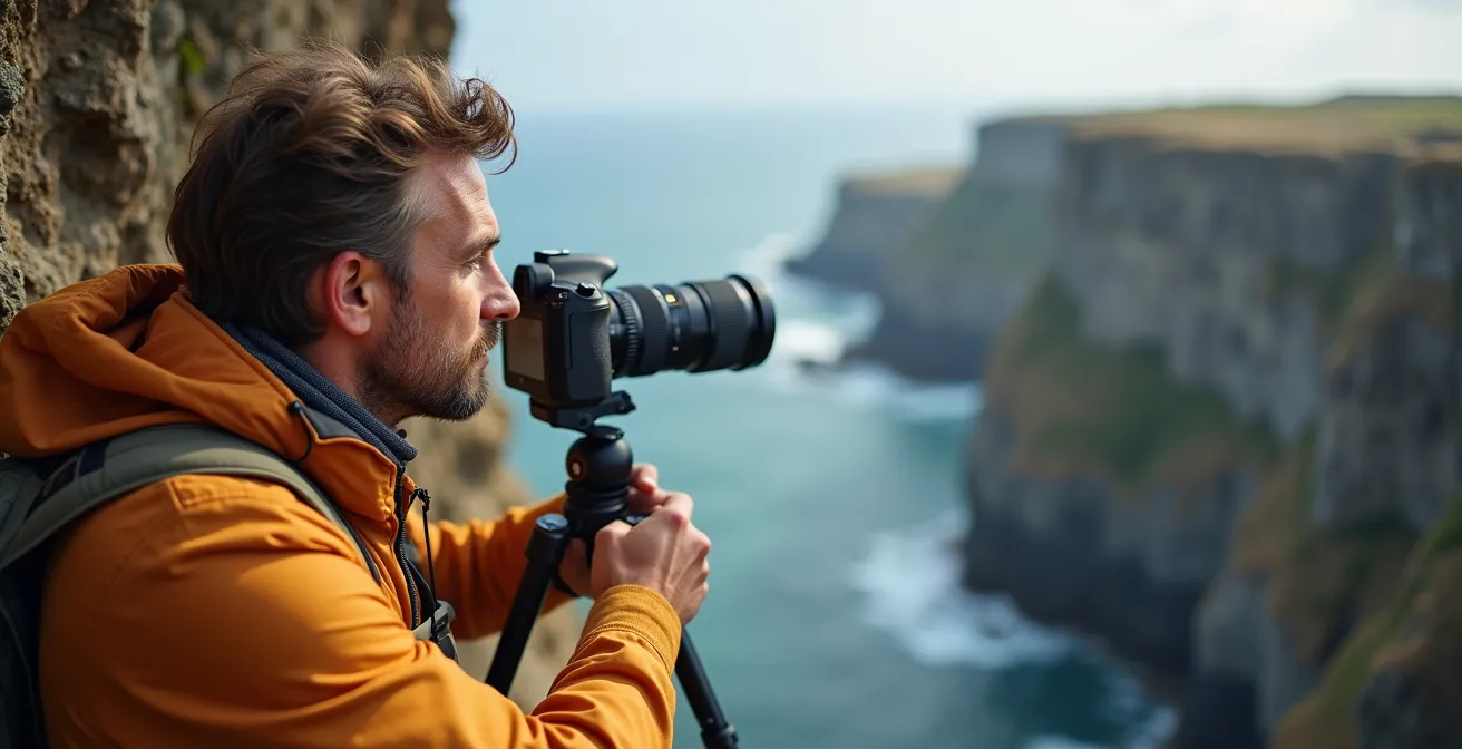Photographer using extended tripod for dramatic cliff shot while standing safely back from edge