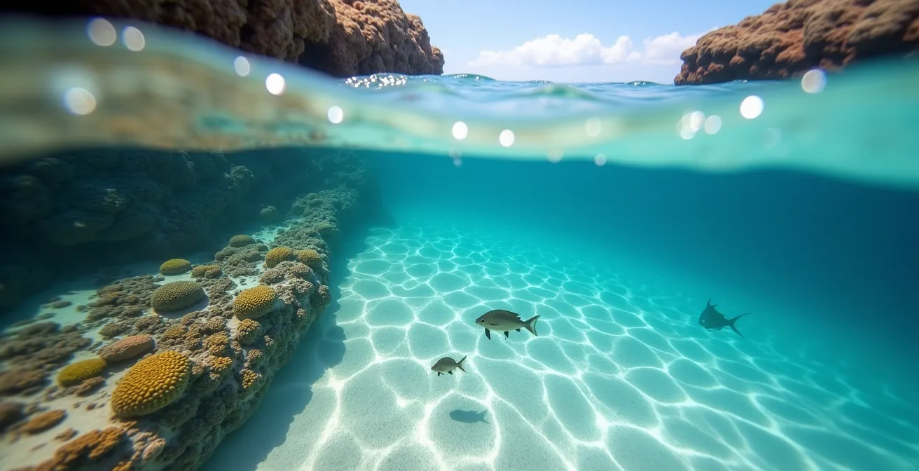 Aerial view of protected lagoon with barrier reef creating calm swimming conditions