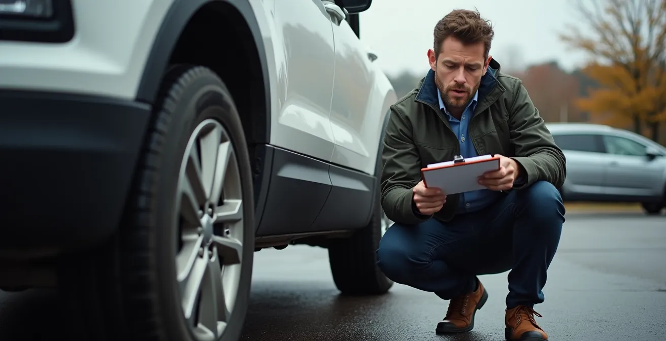 Person documenting vehicle condition before rental with inspection checklist