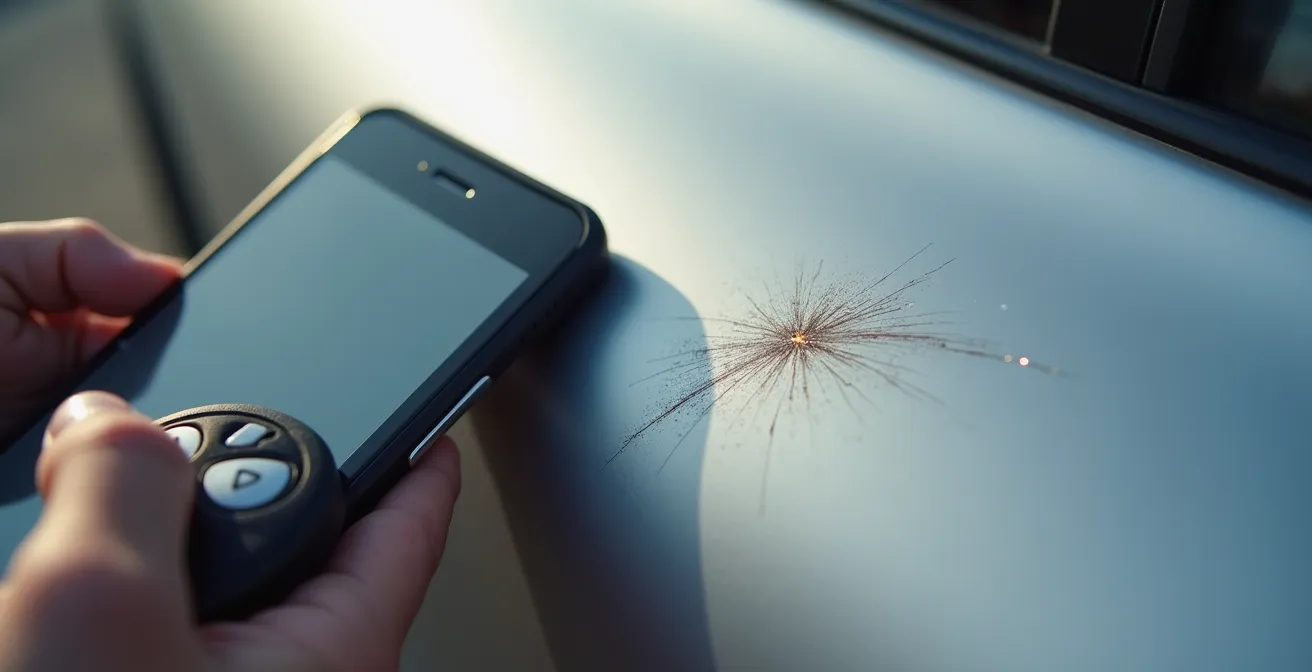 Person photographing rental car damage with smartphone for documentation