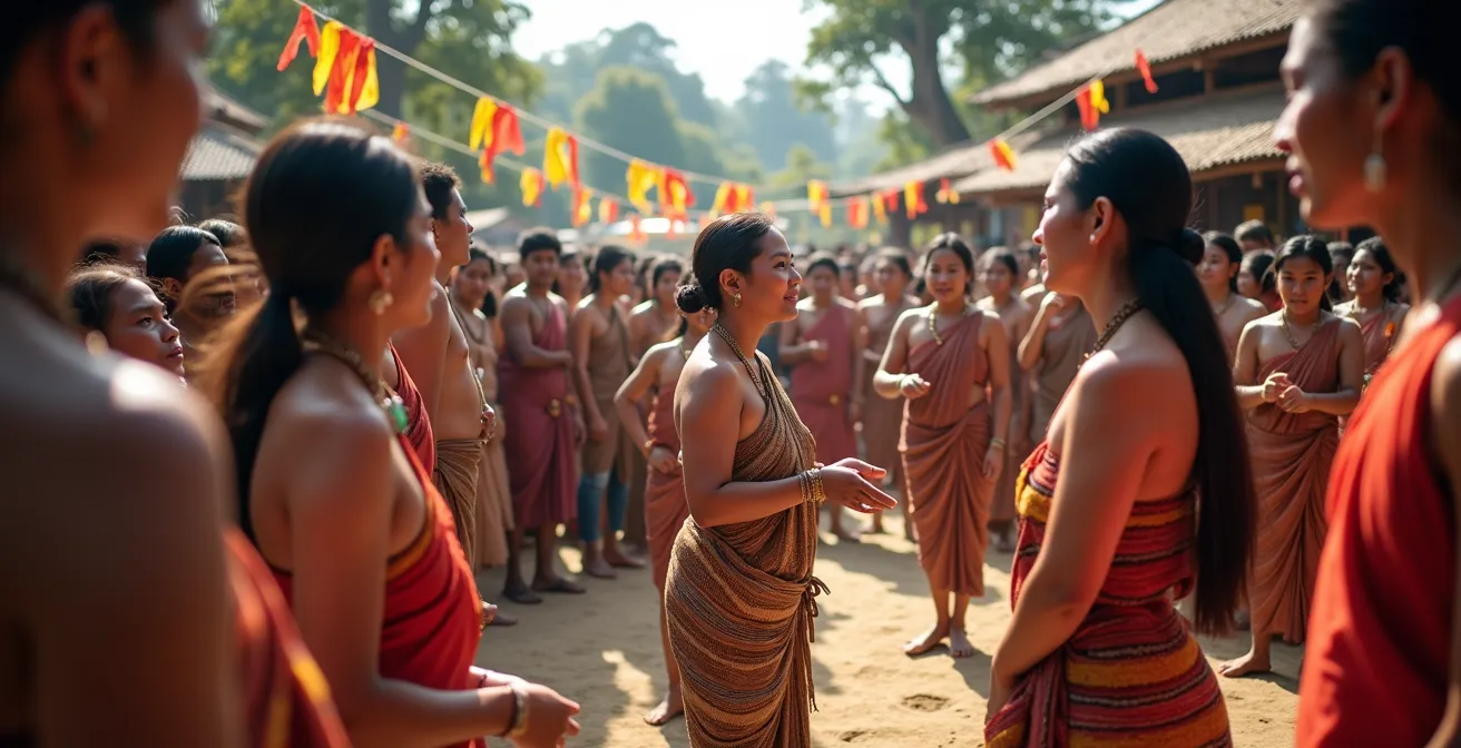 Travelers respectfully participating in a traditional cultural festival alongside locals