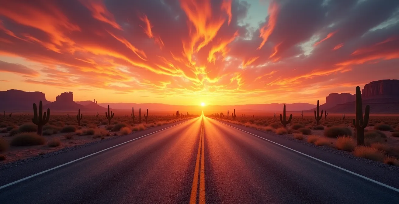 Desert highway stretching into sunset with abstract sound waves visualized in the sky