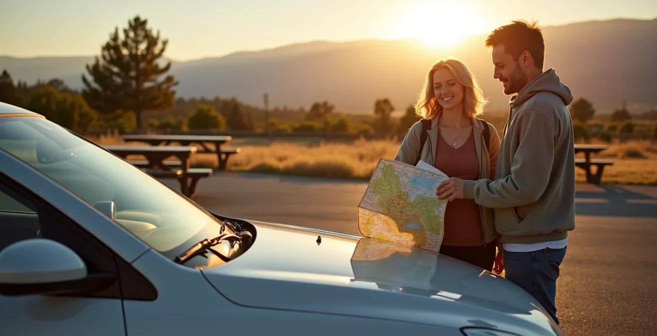Two travelers switching positions at a scenic rest stop with mountains in background
