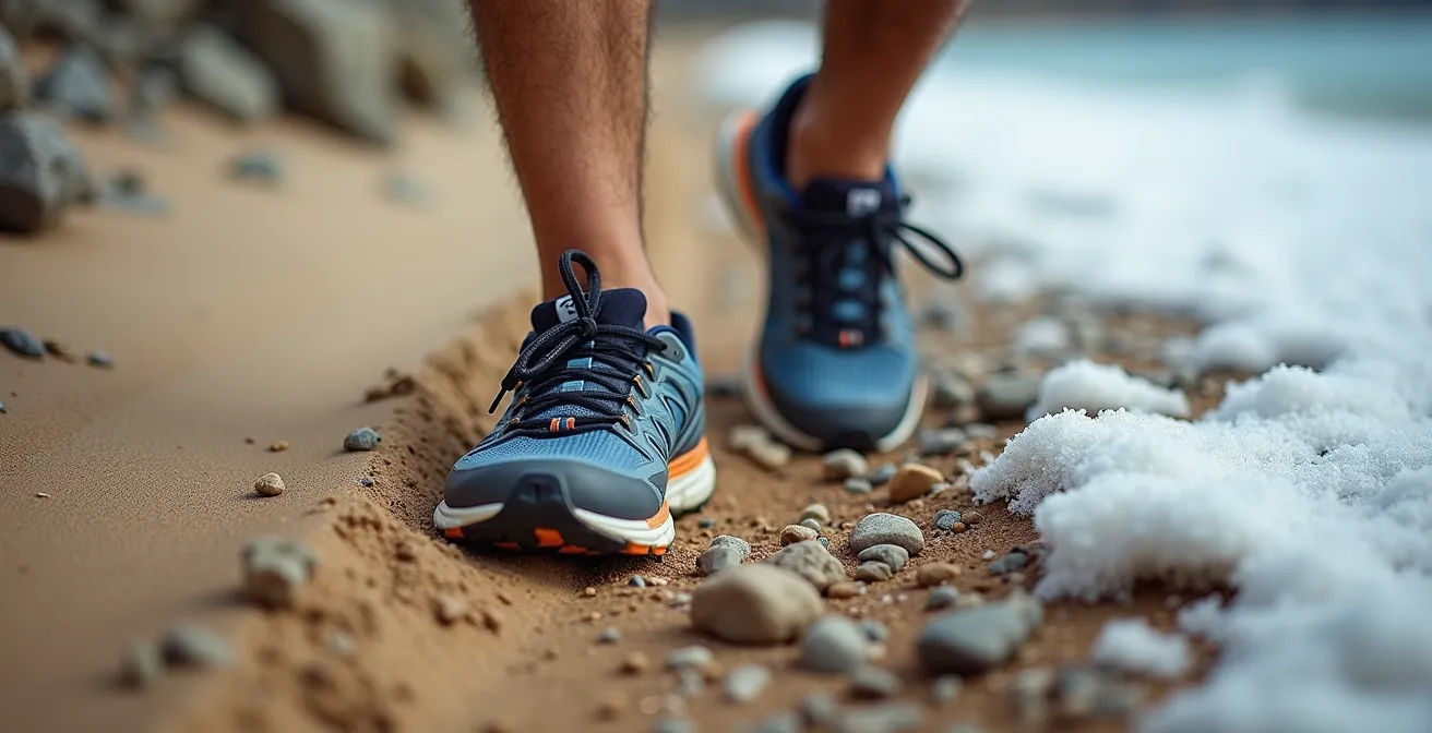 Close-up view of runner's feet adapting stride across different natural terrains