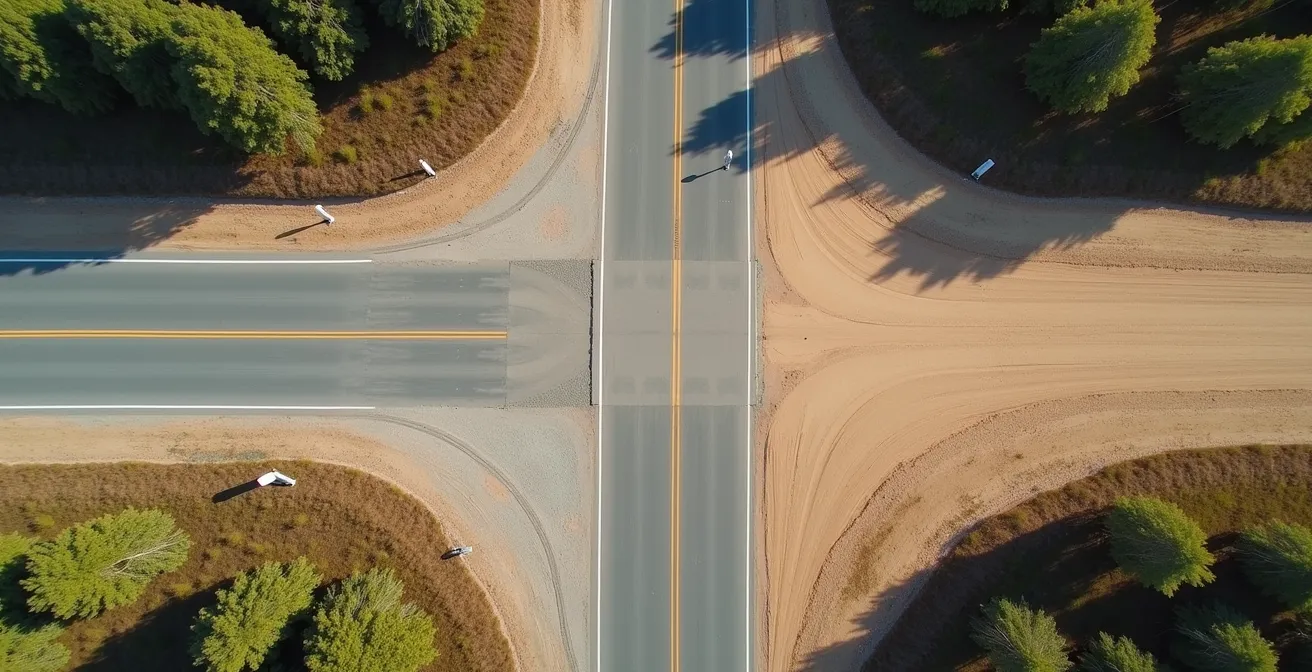 Aerial perspective showing contrast between paved highway and unpaved dirt road diverging