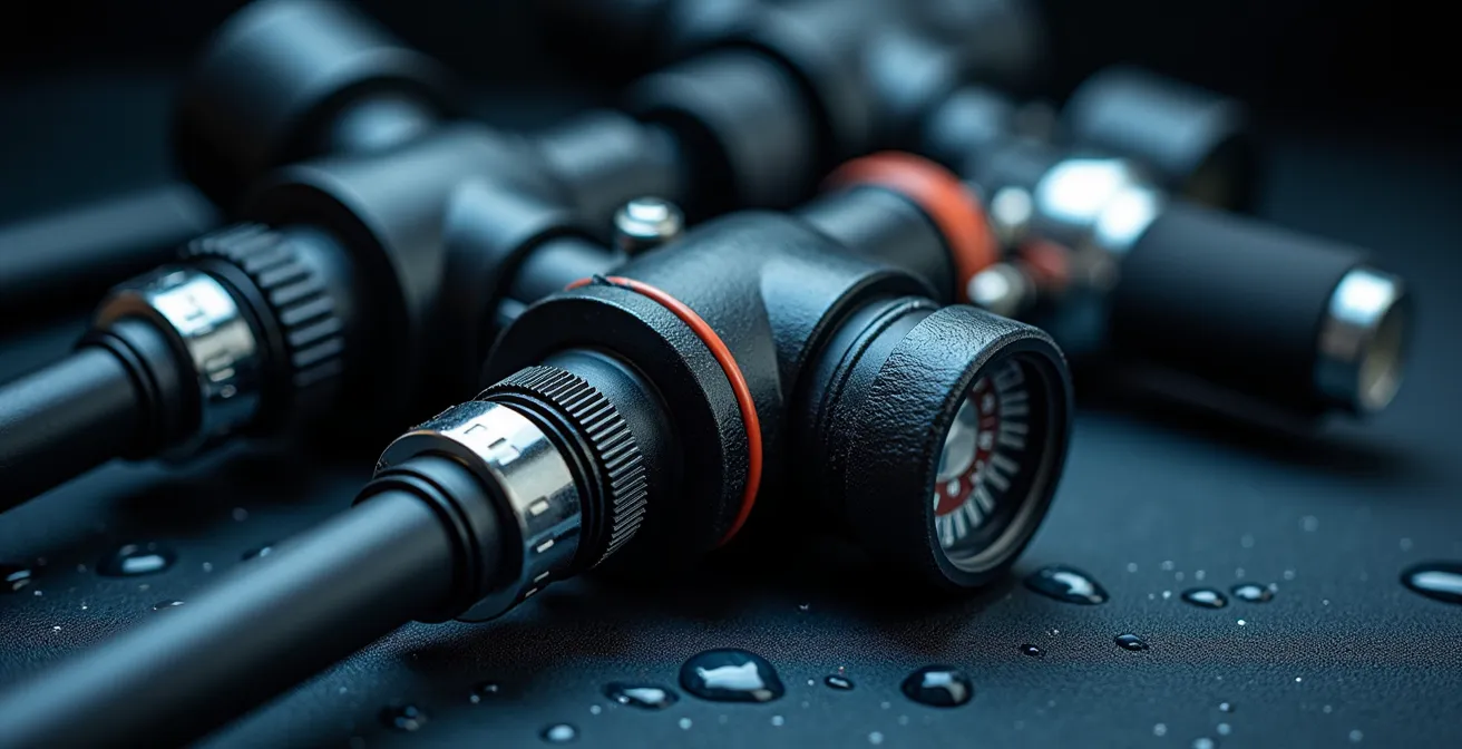 Close-up macro shot of diving equipment inspection showing regulator, pressure gauge, and BCD inflator details