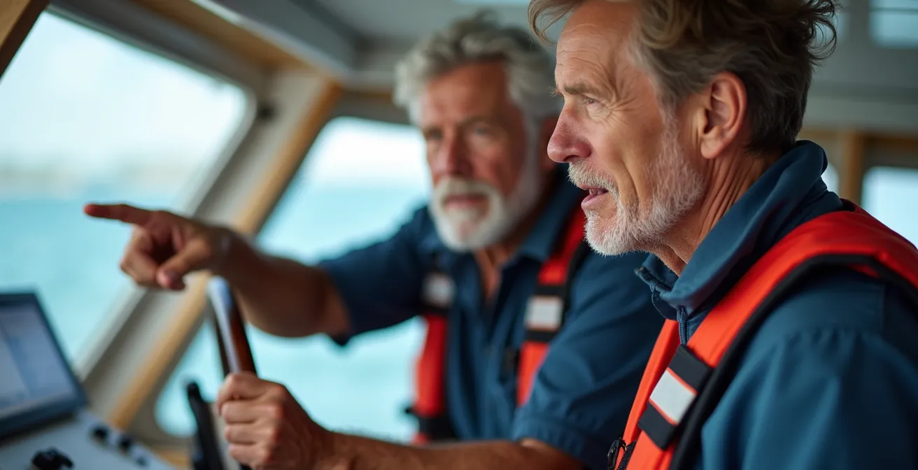 Experienced skipper instructing a former motor cruiser on sail trim techniques