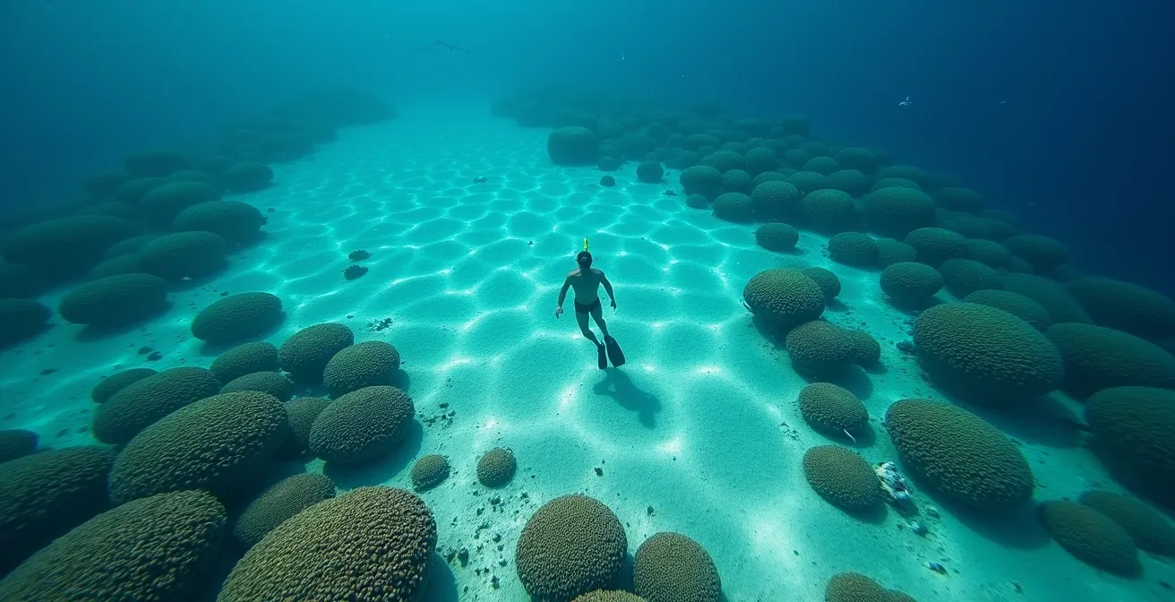 Aerial view of snorkeler maintaining safe distance above vibrant coral garden
