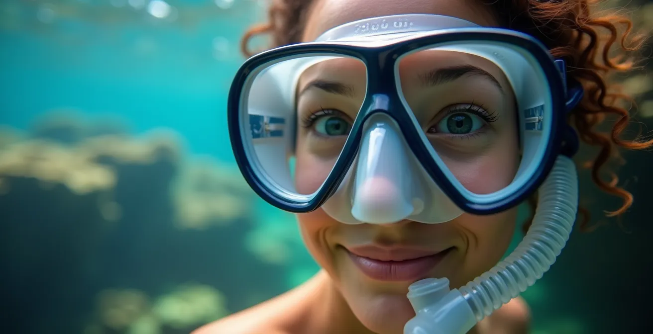 Person using SNUBA system exploring coral reef with air hose extending to surface