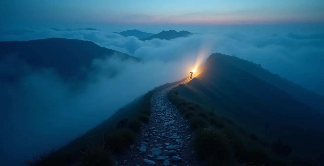 Lone hiker with headlamp on foggy mountain trail during blue hour before sunrise