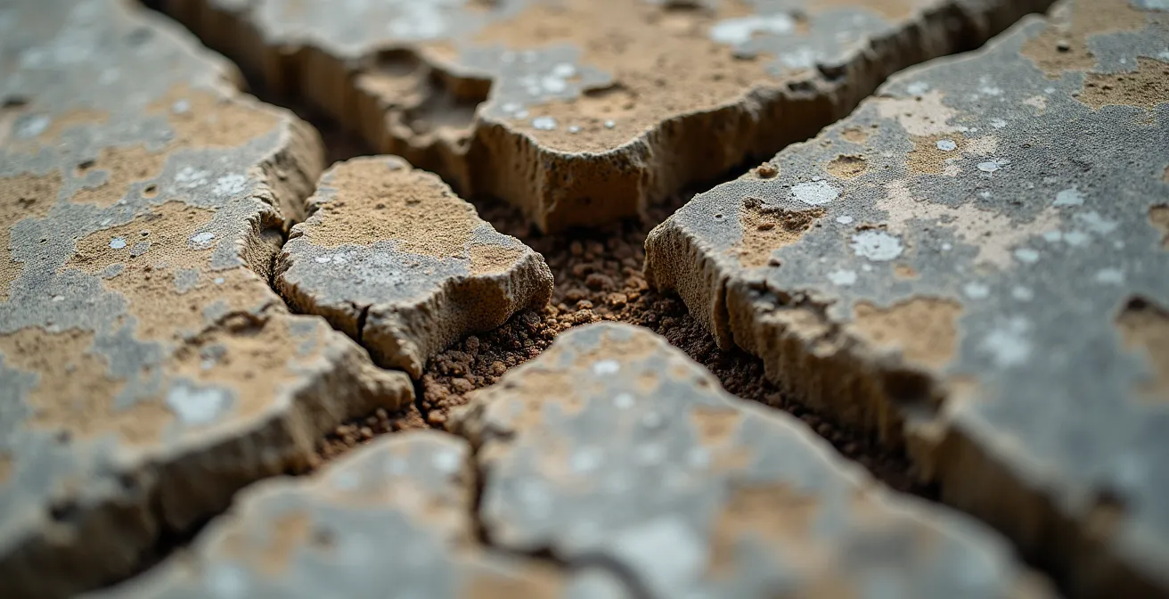 Close-up detail of a weathered stone wall showing visible cracks and erosion patterns indicating structural risk.