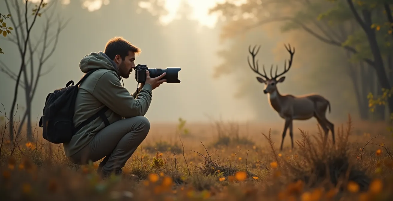 An ethical wildlife photographer kneeling in a natural habitat, using a long telephoto lens respectfully.