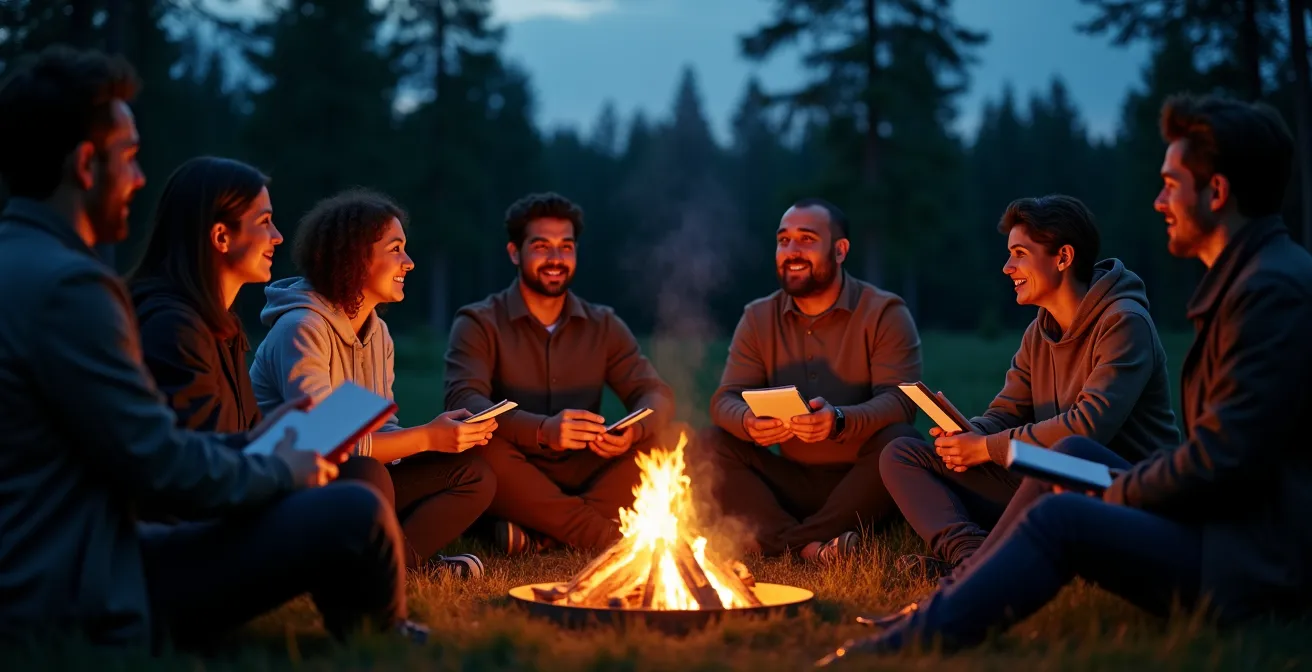 Team gathered around evening campfire in reflective discussion after outdoor challenge