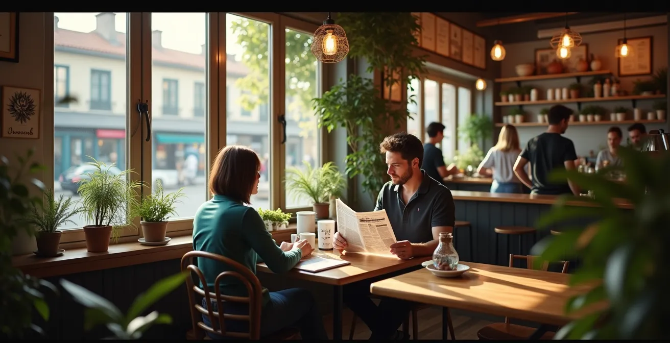 Traveler becoming a regular at a local neighborhood cafe, building authentic connections