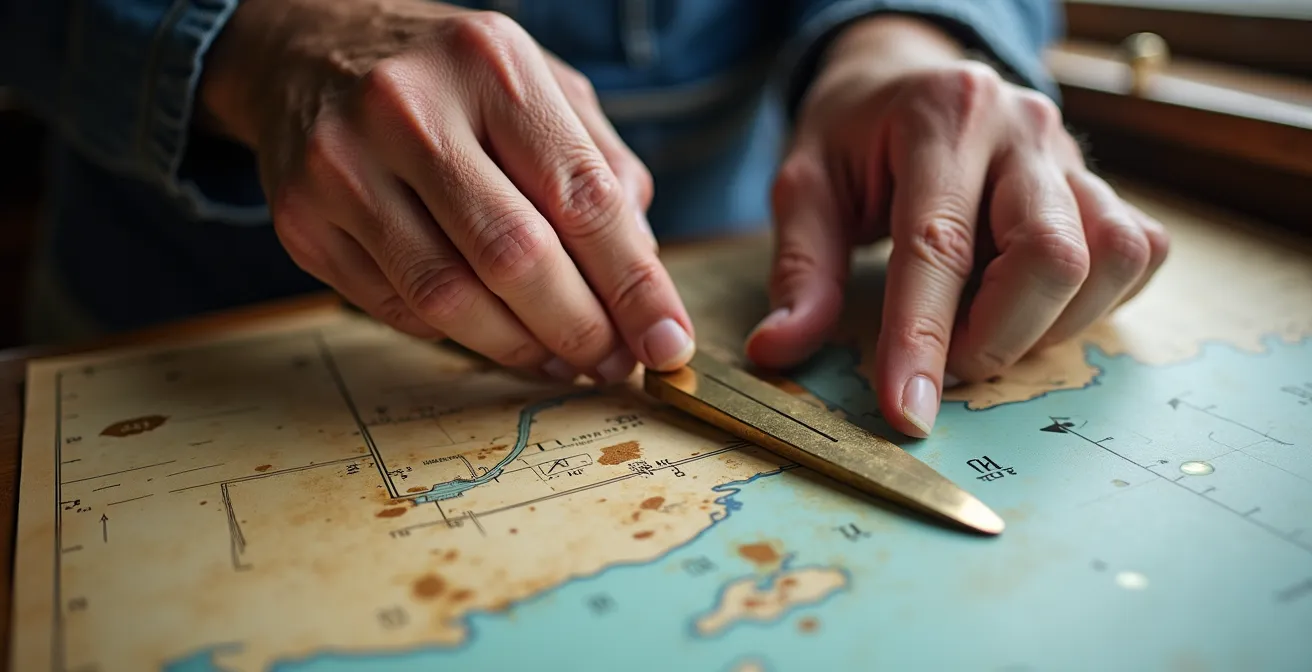 Hands plotting tidal currents on nautical chart with stream atlas