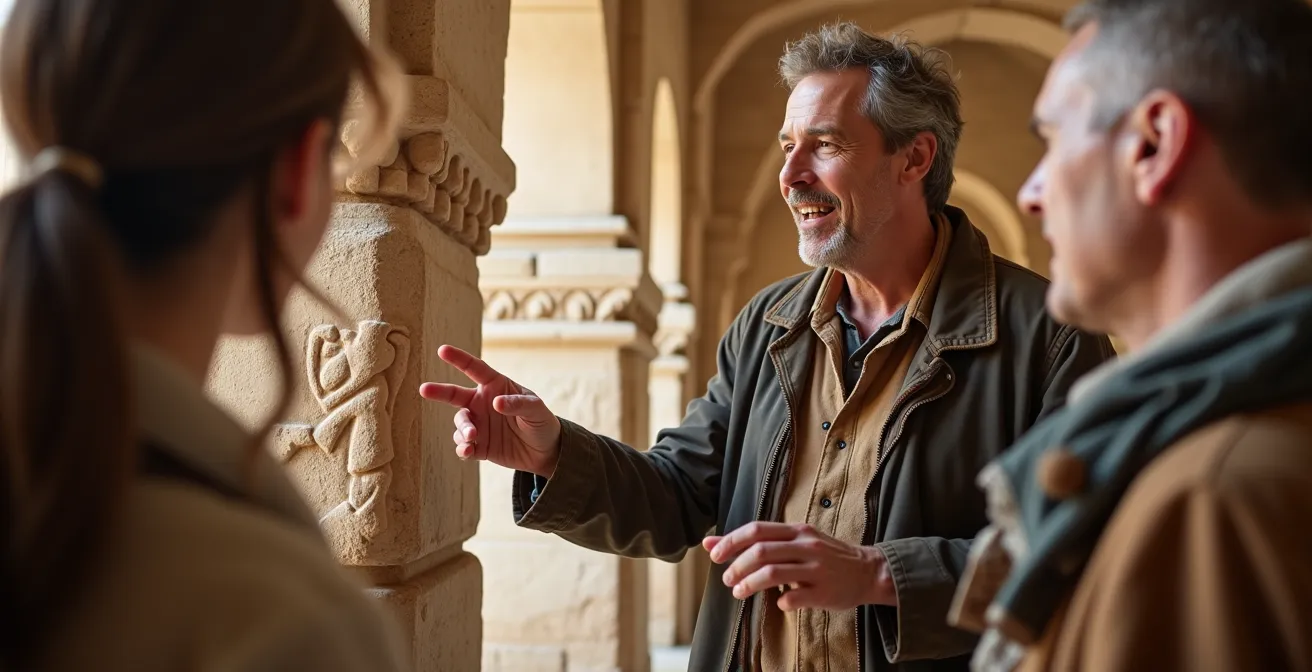 Professional guide gesturing toward historical monument details