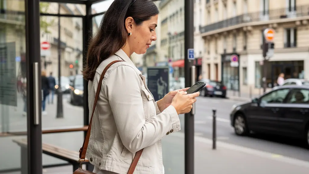European tourist checking mobile phone app at Paris bus stop with Haussmann buildings