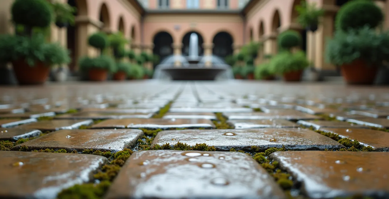 Aerial view of internal courtyard with people gathering around central fountain surrounded by arched walkways