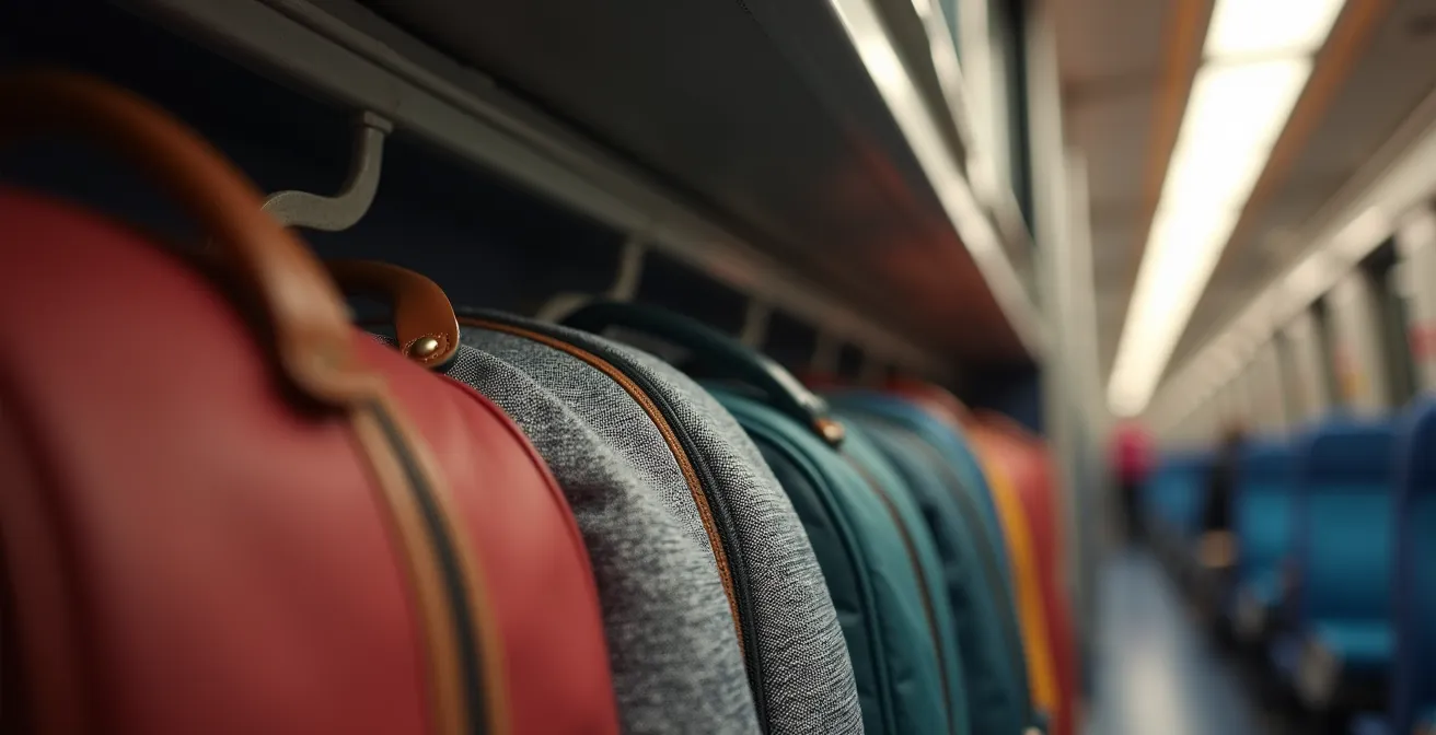 Overhead luggage storage compartments inside modern high-speed train carriage