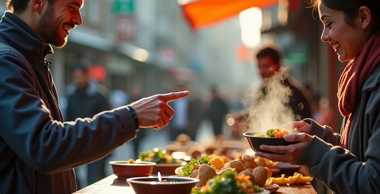 Traveler confidently pointing at a local's dish while ordering from a street food vendor
