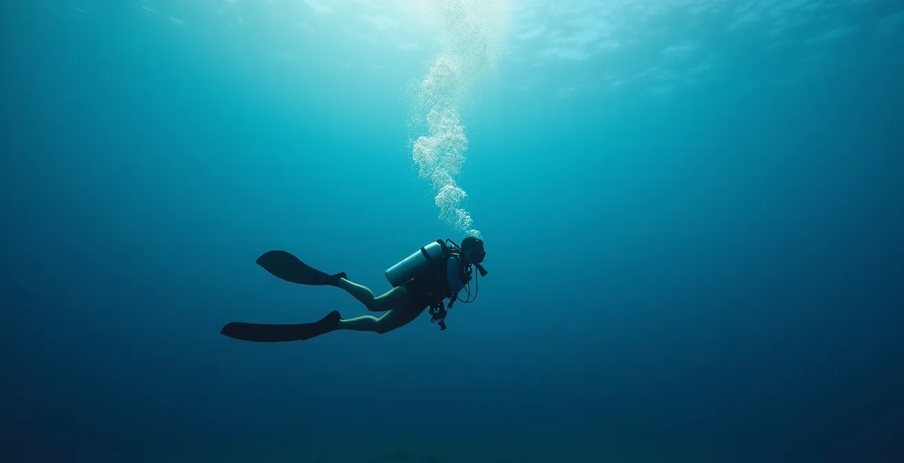 Wide underwater shot of diver demonstrating proper horizontal trim and breathing position in clear blue water