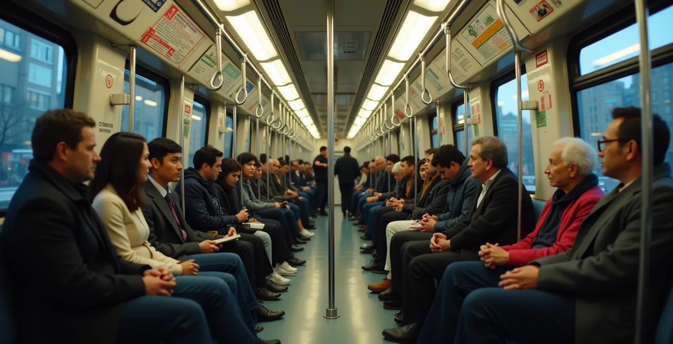 Wide angle view inside a modern subway car showing diverse commuters during rush hour