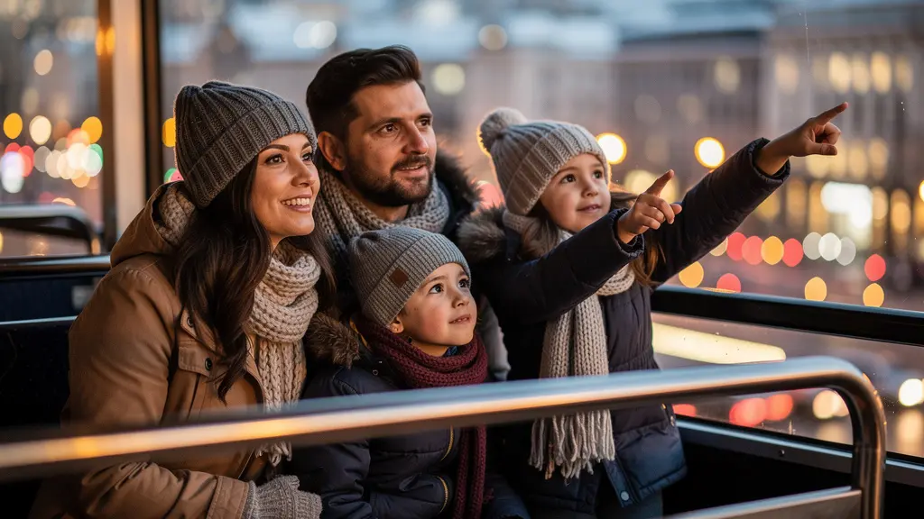 Family with children enjoying Christmas lights tour on open-top bus upper deck in Paris Family with children enjoying Christmas lights tour on open-top bus upper deck in Paris
