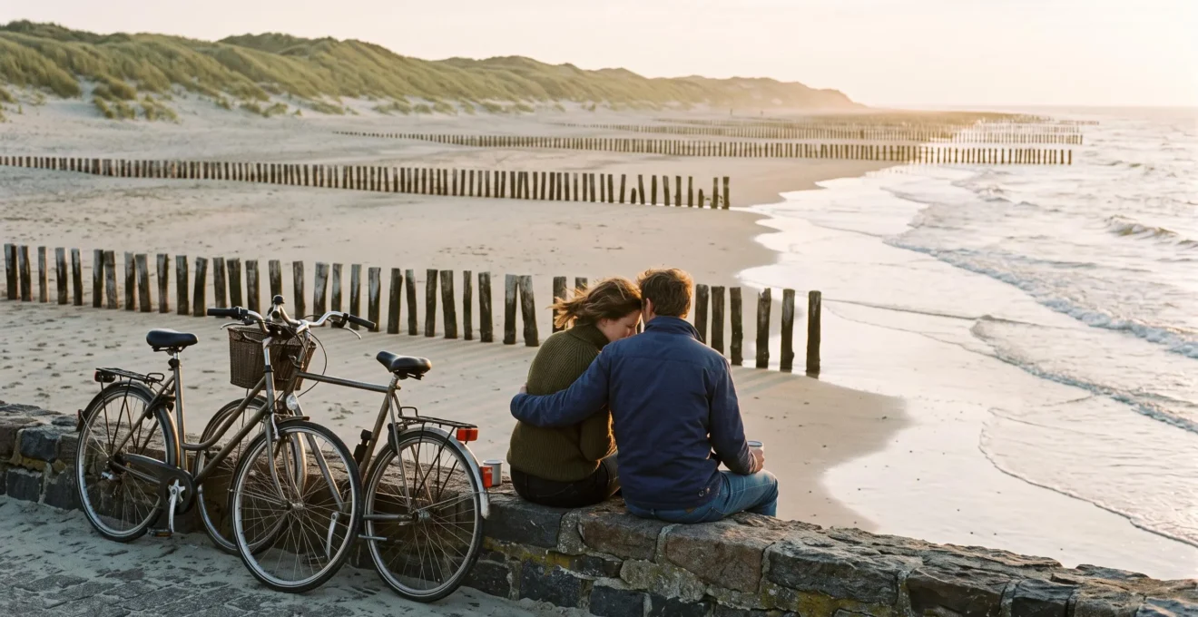 A couple sits on a sea wall facing the beach as bicycles rest nearby.