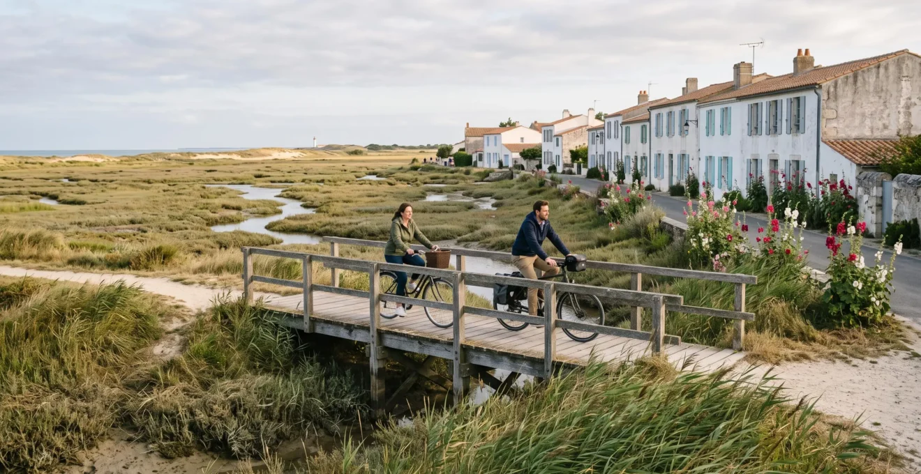 Cyclists ride through a salt marsh path on Île de Ré in morning light.