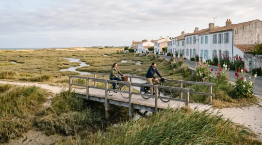 Cyclists ride through a salt marsh path on Île de Ré in morning light.