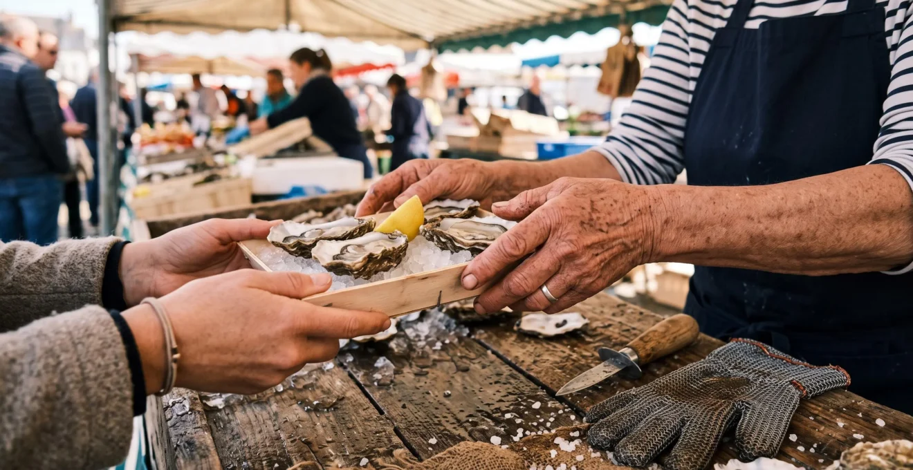 A market vendor hands fresh oysters to a customer at a wooden stall.