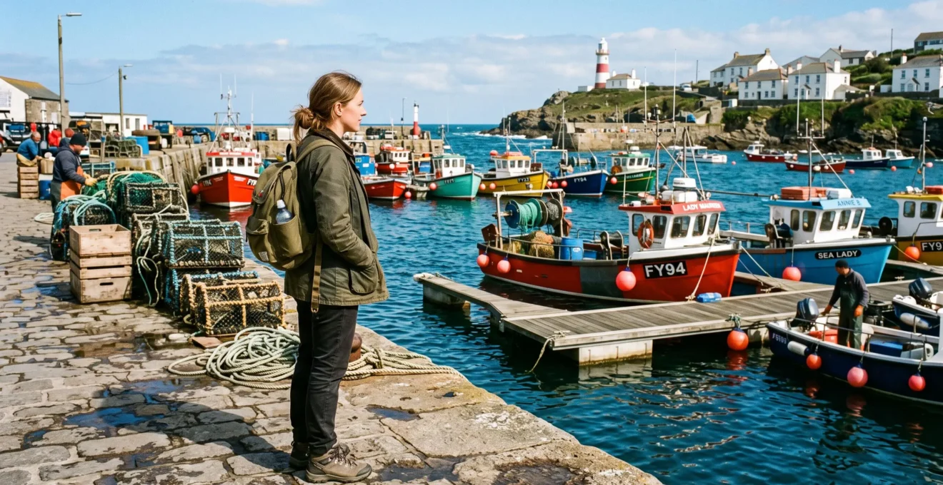 A traveler stands on a harbor quay watching fishing boats and a lighthouse.
